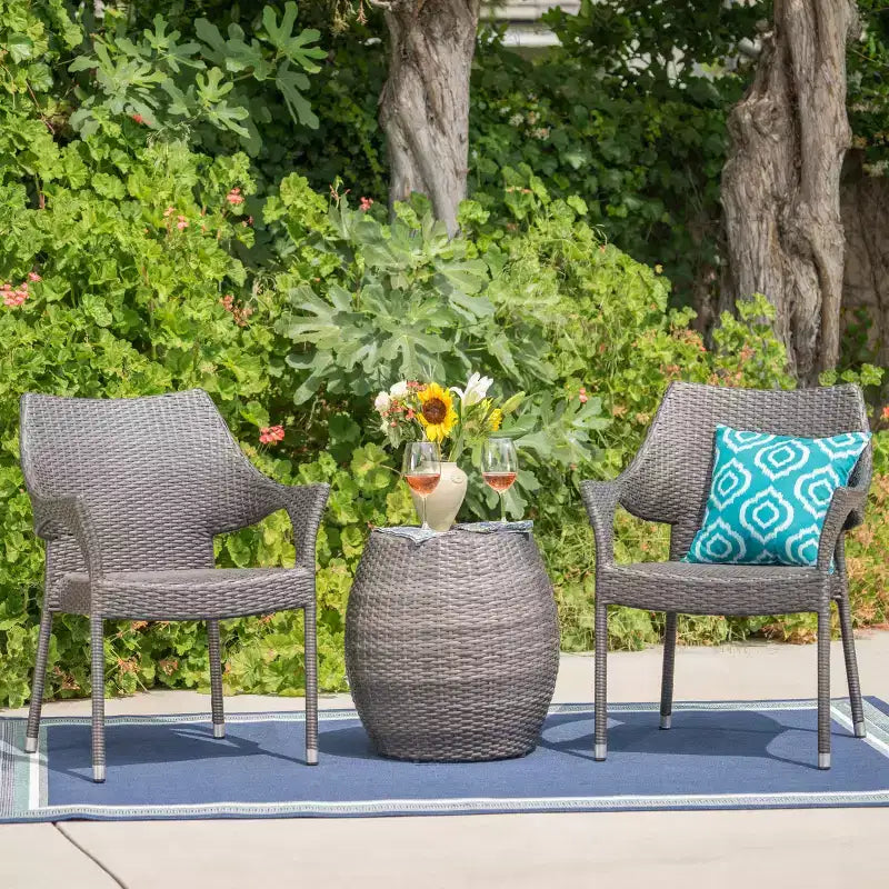 Pierce 3pc Wicker Chat Set - Gray - Christopher Knight Home: Outdoor Seating with Accent Table, No Assembly Required