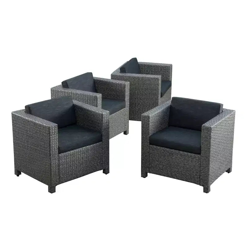Puerta 4-teiliges Loungeset mit Korbsesseln und Couchtisch – Teak/Schwarz gemischt/Dunkelgrau – Christopher Knight Home
