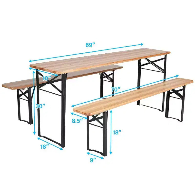 3-tlg. faltbares Picknicktisch-Set aus Holz für draußen – WELLFOR: Eisen & Tannenholz, tragbar, rostbeständig