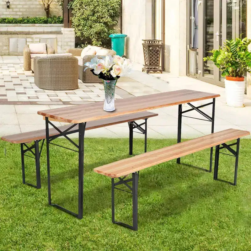 3-tlg. faltbares Picknicktisch-Set aus Holz für draußen – WELLFOR: Eisen & Tannenholz, tragbar, rostbeständig