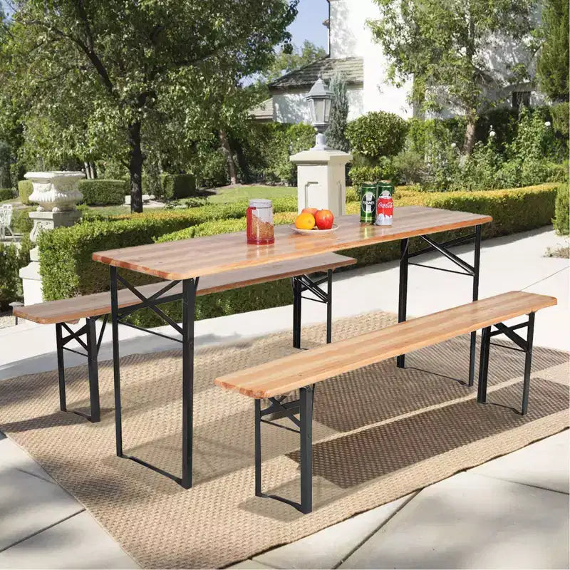 3-tlg. faltbares Picknicktisch-Set aus Holz für draußen – WELLFOR: Eisen & Tannenholz, tragbar, rostbeständig