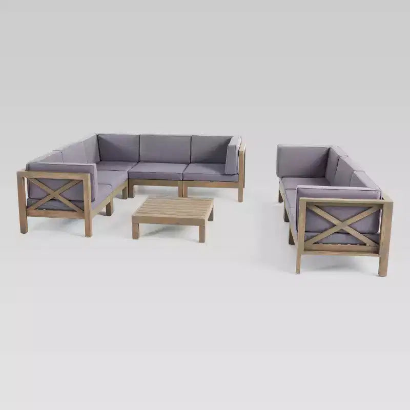 Brava 9-teiliges Akazien-Schnittsofa- und Tischset – Grau/Dunkelgrau – Christopher Knight Home