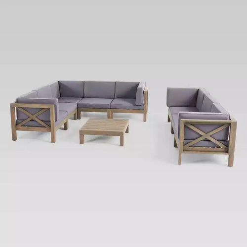 Brava 9-teiliges Akazien-Schnittsofa- und Tischset – Grau/Dunkelgrau – Christopher Knight Home