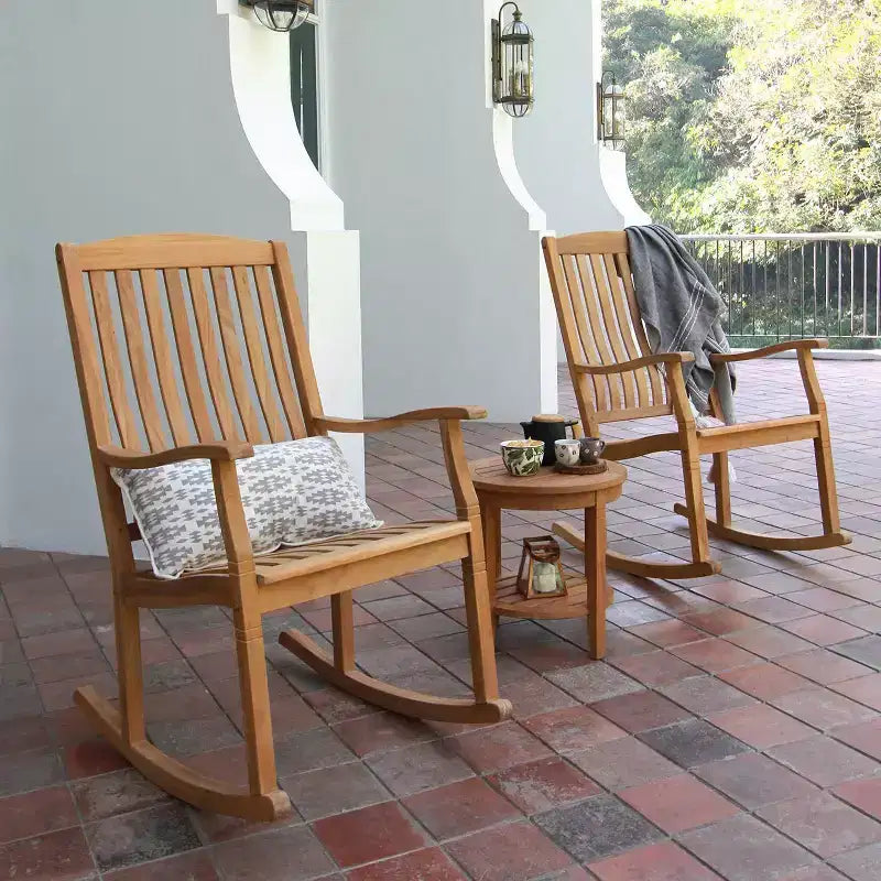 Sonoma Lane Channing 3pc Teak Outdoor Chat Set – Weather-Resistant Small-Space Furniture with 2 Rockers and Accent Table