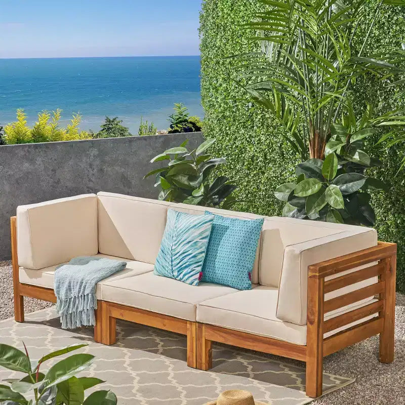 Oana 3pc Acacia Wood Patio Modular Sofa - Teak/Beige - Christopher Knight Home: Weather-Resistant Outdoor Seating Set