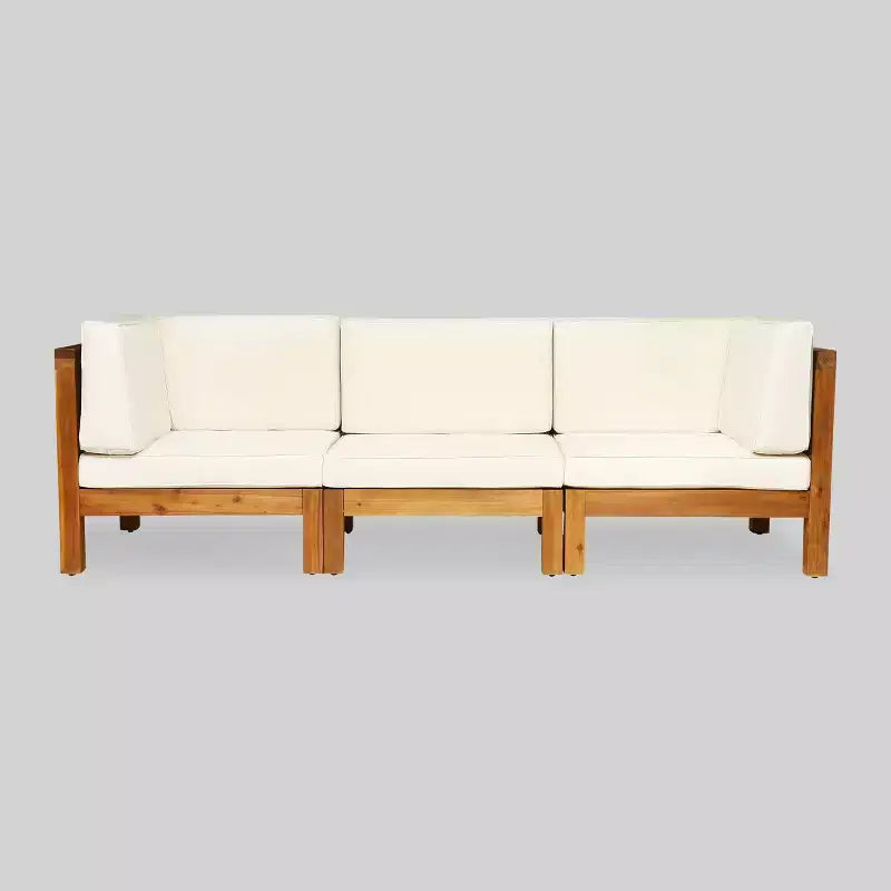 Oana 3-teiliges modulares Terrassensofa aus Akazienholz – Teak/Beige – Christopher Knight Home: Wetterfestes Outdoor-Sitzset