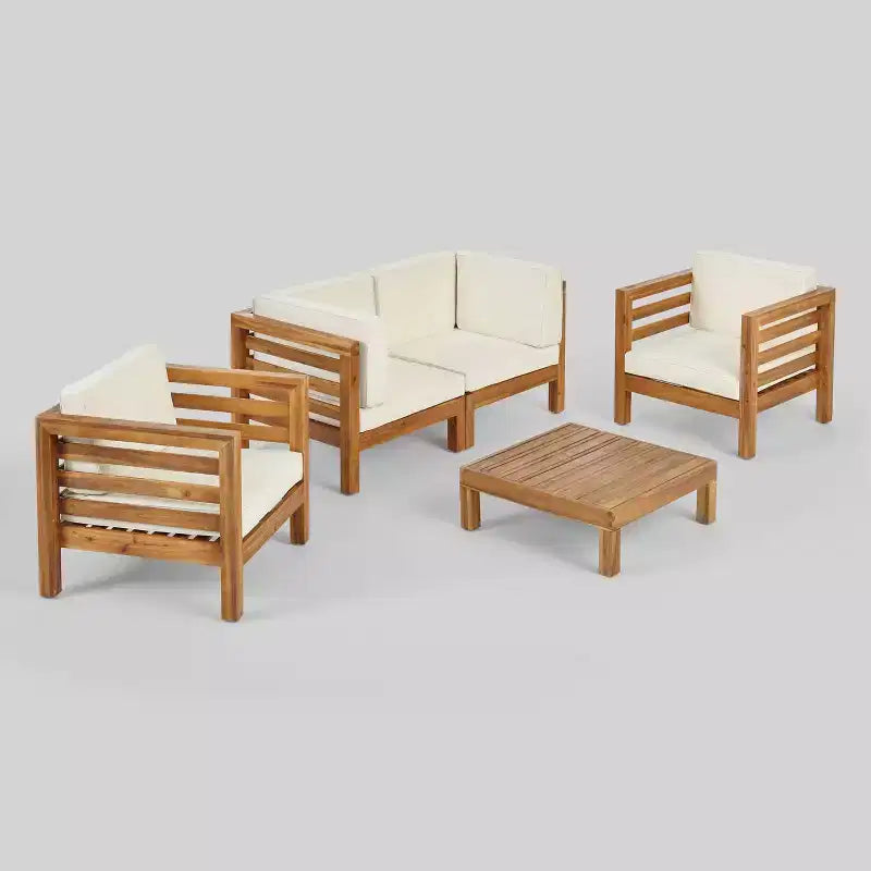Oana 5-teiliges Akazienholz Loveseat-Sitzgruppe Teak/Beige: Modulare Outdoor-Möbel mit Plüschkissen – Christopher Knight Home