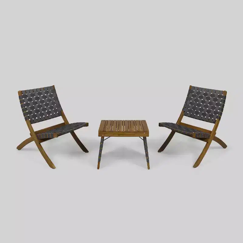 Huntsville 3pc Acacia Wood Foldable Chat Set - Brown Patina/Gray - Christopher Knight Home