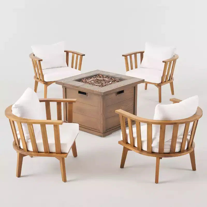 Walson 5-teiliges Loungesessel- und Feuerschalen-Set aus Akazienholz, Teak und Braun – Christopher Knight Home: Outdoor-Terrassenmöbel-Set mit Kissen
