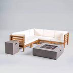 Oana 7-teiliges V-förmiges Ecksofa-Set aus Akazie mit Feuertisch – Teak/Beige/Hellgrau – Christopher Knight Home