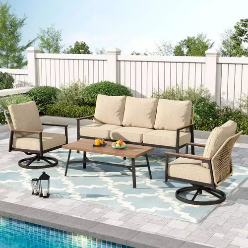Captiva Designs 4pc 5-Seat Outdoor Patio Sofa Conversation Set With rope-Woven Rattan Swivel Chairs