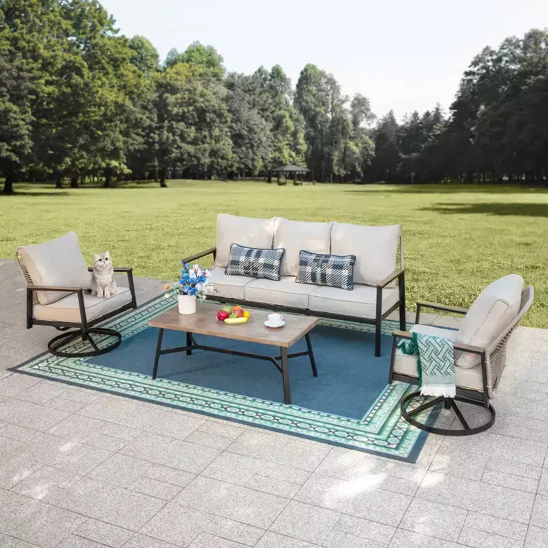 Captiva Designs 4-teiliges Outdoor-Sofa-Konversationsset für 5 Personen mit seilgeflochtenen Rattan-Drehstühlen