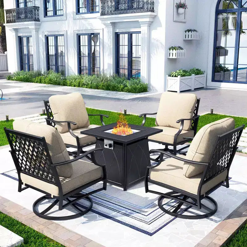 Captiva Designs 5pc XL Metal Outdoor Set Swivel Grid- Back Chairs with Fire Pit Beige