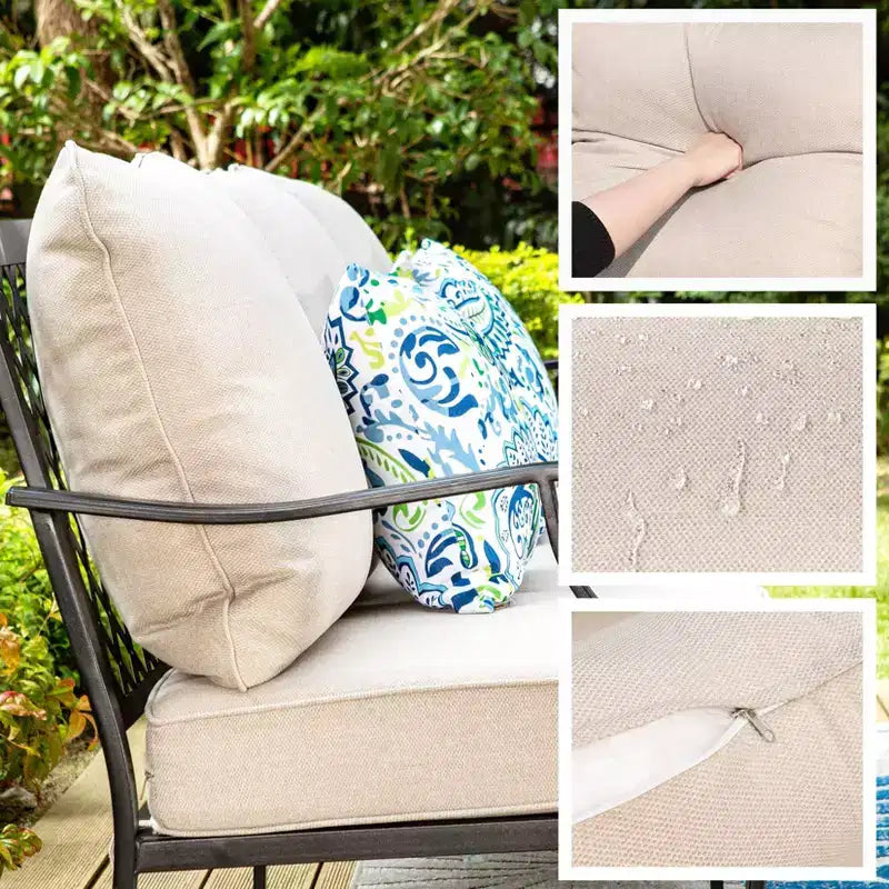 Captiva Designs 5-teiliges XL Metall-Gartenmöbel-Set, drehbare Stühle mit Gitterrückenlehne und Feuerschale, Beige