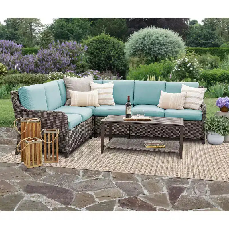 Leisure Made Mitchell 5-teiliges Korbmöbel-Ecksofa mit Stoffbezug in Spa-Blau