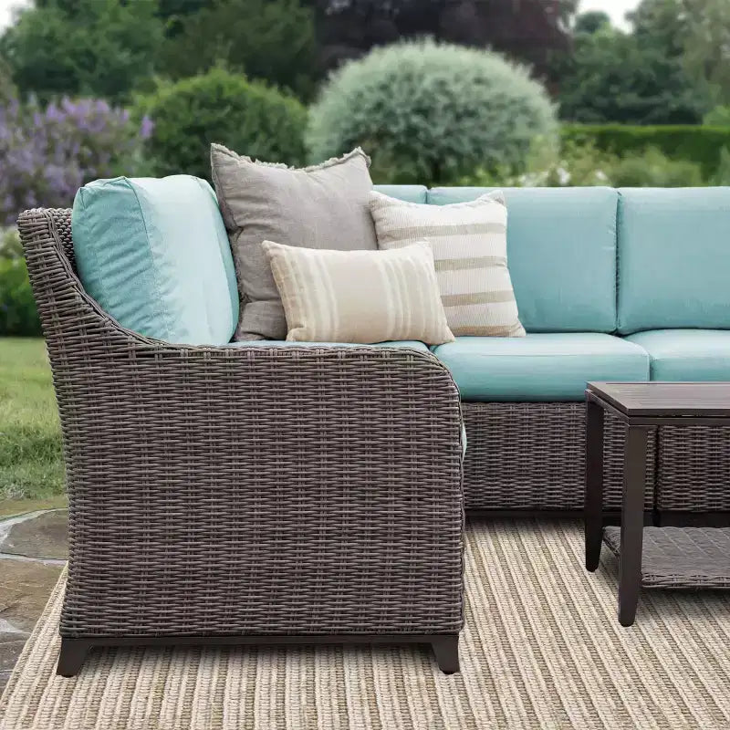 Leisure Made Mitchell 5-teiliges Korbmöbel-Ecksofa mit Stoffbezug in Spa-Blau