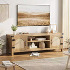 65-Zoll TV-Schrank im Bohème-Stil mit Rattantür – Hölzernes Entertainment-Center mit zwei Schränken und verstellbaren Einlegeböden, geeignet für Wohnzimmer