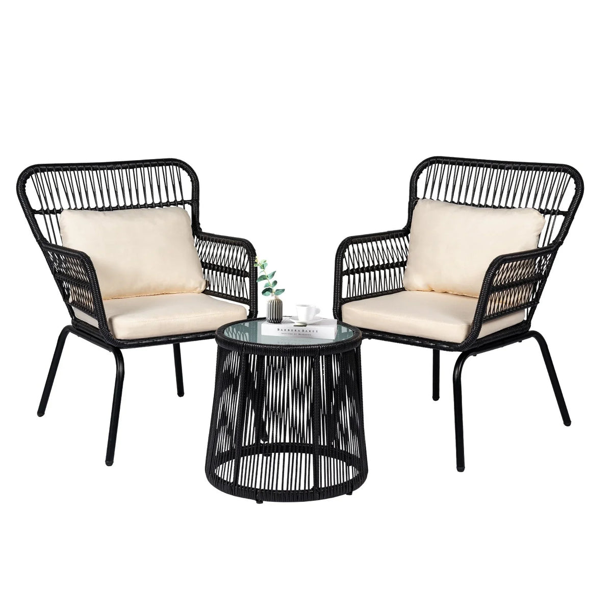 3-teiliges Outdoor-Bistro-Set aus Korbstühlen, witterungsbeständige Rattanmöbel-Sitzgruppe mit Kissen
