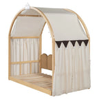 Massivholz-Spielhaus-Plattformbett, Montessori-Bettrahmen mit gewölbtem Dach und Ausziehbett für Mädchen und Jungen