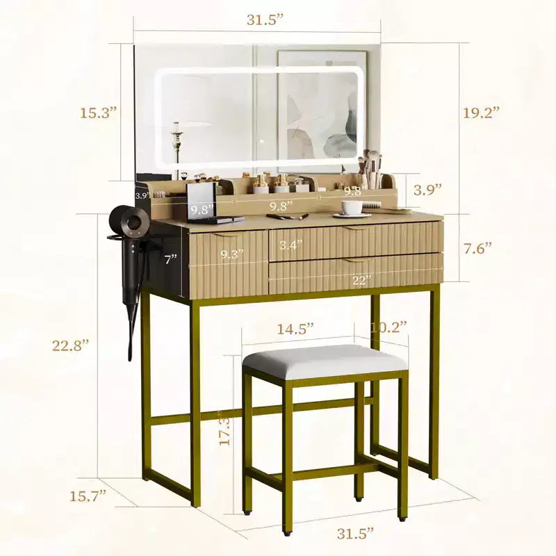 Schminktisch mit Spiegel und Beleuchtung, LED-Spiegeldesign, reichlich Schubladenstauraum für Kosmetik und Toilettenartikel