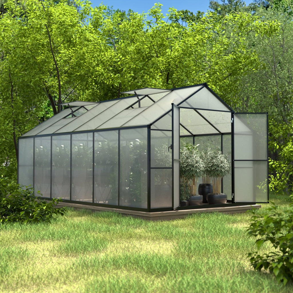 VEIKOUS Aluminium-Gewächshaus-Bausatz mit begehbarem Garten, verstellbarer Dachluke und abschließbarer Tür, Grau