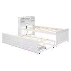 Plattformbett mit Rollbett und Schubladen, Stauraumbett mit USB-Anschluss, Holzbett mit Bücherregal