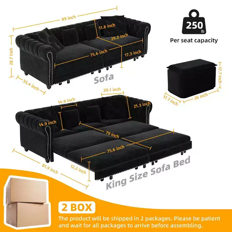 Whisen Velvet 3-in-1 Schlafsofa und wandelbares Schlafsofa im Kingsize-Format mit ausziehbarem Ottomane, getuftetem Design