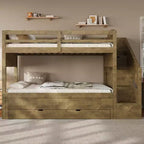 Whisen Twin XL Etagenbett mit Ausziehbett, Etagenbett mit Stauraum, Etagenbett aus Massivholz, Treppe mit Stauraum, Kleiderschrank, 3 Schubladen, für Kinder