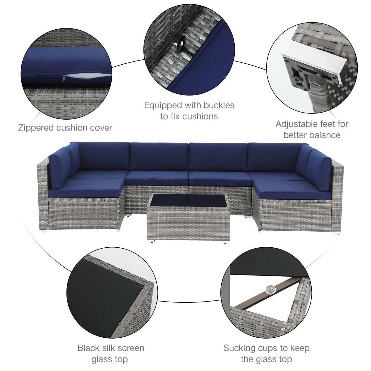 7-teiliges Outdoor-Sofa-Set aus Korbweide/Stahl mit Polstern