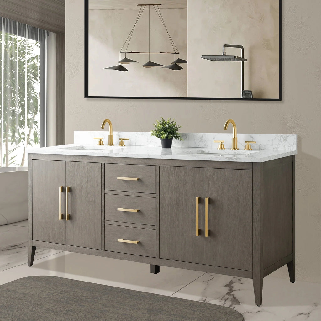 Vanity Art 72 Zoll Badezimmer-Waschtischunterschrank mit Doppelwaschbecken und Kunstmarmorplatte