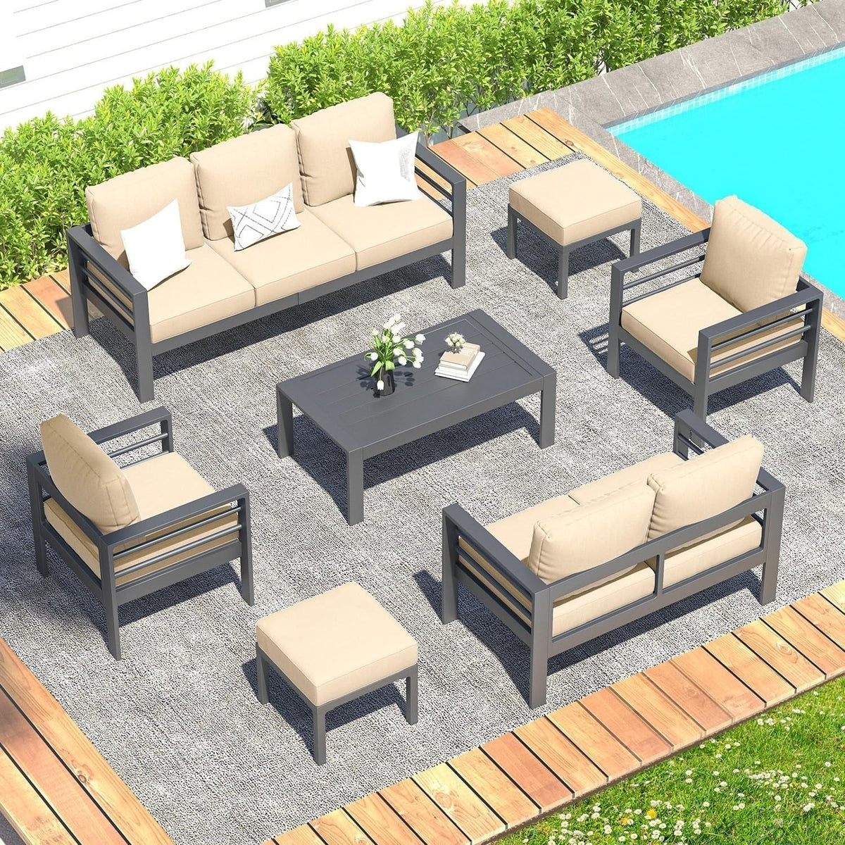 AECOJOY 7-teiliges Aluminium-Terrassenmöbel-Set Outdoor-Gesprächsgarnitur