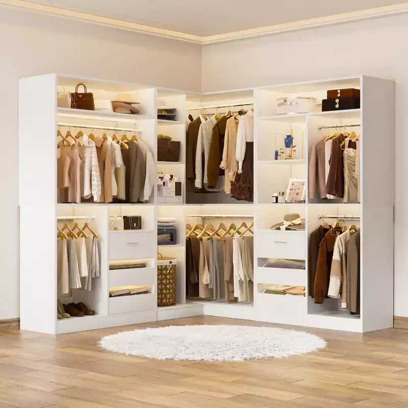Besiost 3-teiliges Eckschranksystem mit Turmregalen und Schubladen, freistehender Schrank-Organizer mit Kleiderstangen