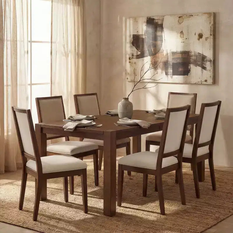 Modernes Esszimmer-Set – 80 Tisch + 6 gepolsterte Stühle, Massivholzrahmen, 180 kg Tischbelastbarkeit, einfache Montage