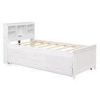 Plattformbett mit Rollbett und Schubladen, Stauraumbett mit USB-Anschluss, Holzbett mit Bücherregal