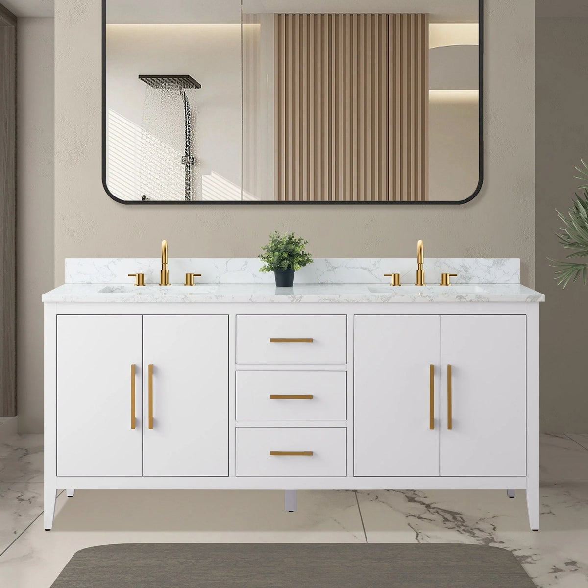 Vanity Art 72 Zoll Badezimmer-Waschtischunterschrank mit Doppelwaschbecken und Kunstmarmorplatte