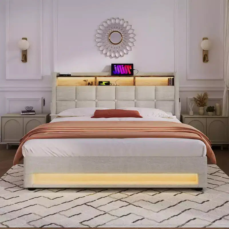 Queensize-Bett mit hydraulischem Stauraum, LED, USB, gepolstertem Kopfteil, kein Boxspringbett, einfache Montage