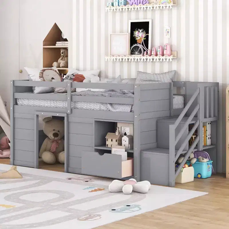 Okak Massivholz-Hochbett mit Treppe & Stauraum, Niedriges Etagenbett mit Schubladen & Regalen, Multifunktionales Hochbett für Kinder, Jugendliche