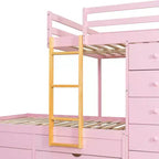 Etagenbett „Full-over-Full“ mit Kleiderschrank und Schubladen, platzsparendes Etagenbett aus Holz in voller Größe mit Rausfallschutz für Apartment, Schlafzimmer