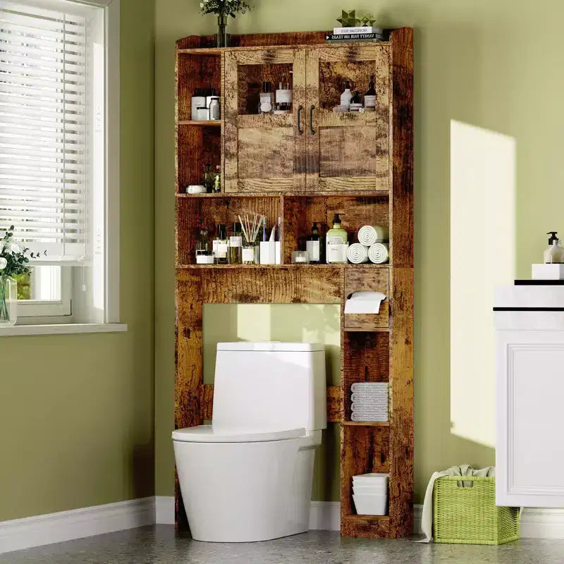 Badezimmerschrank über der Toilette – 171 cm hoher Badezimmer-Organizer im Landhausstil mit verstellbarem Regal und Glastür für Bad und Waschküche