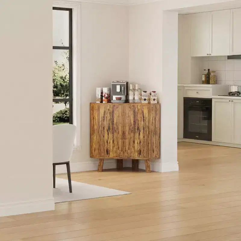 Eckschrank mit verstellbarem Regal, 3-stufiger Eckschrank aus Holz im Industriestil mit Türen, dreieckiger Beistelltisch für Wohnzimmer, Küche