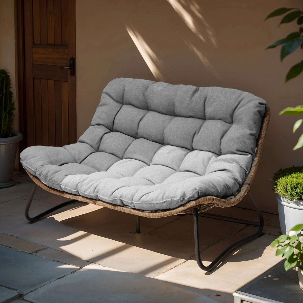 Doppelsessel Papasan mit Kissen, wetterfestes PE-Rattan und Metallrahmen für Innen- und Außenbereich