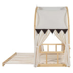 Massivholz-Spielhaus-Plattformbett, Montessori-Bettrahmen mit gewölbtem Dach und Ausziehbett für Mädchen und Jungen
