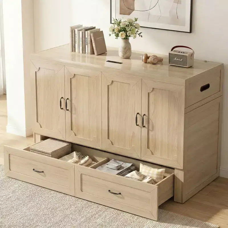 Mjkone Queen Size Wandelbares Murphy-Schrankbett mit USB-Ladefunktion, Schubladen, keine Matratze enthalten