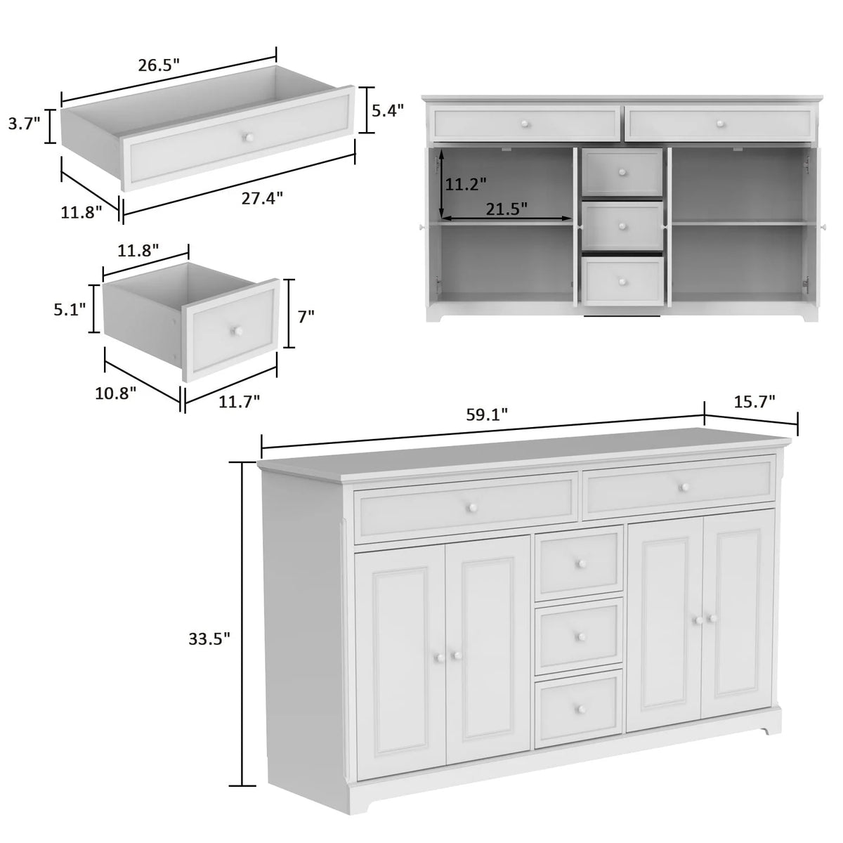 59,1'' Sideboard Buffet Weiß Mid-Century Modern Zeitgenössisch Lackiert