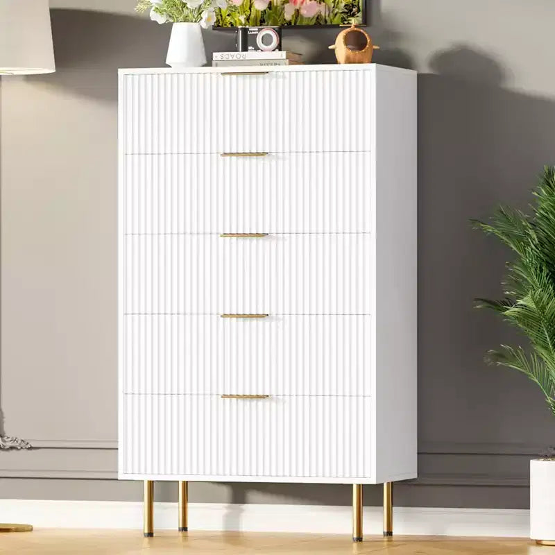 Weiß / Marmor & Holz Kommode mit 5 Schubladen – Geriffelte Platte, für 1 Person