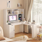 L-förmiger Schreibtisch mit Steckdose, Computertisch mit Schubladen, Regal & Aufsatz, Moderner Eckschreibtisch, Home-Office-Schreibtisch