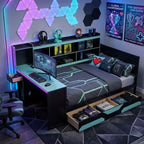 Gamer Hub Tagesbett mit Schreibtisch, RGB-Beleuchtung, Ladestation, Schubladen und Bücherregal-Kopfteil
