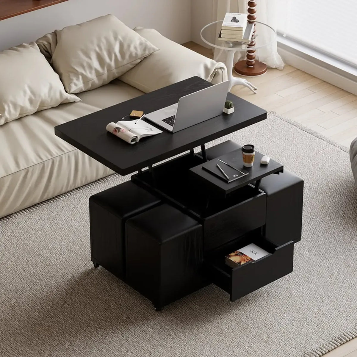 Klappbarer Couchtisch mit Liftfunktion, 4 Hockern und Stauraum