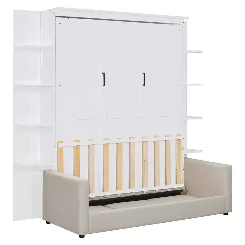 Whisen Modern Design Queen-Size Schrankbett mit Holzrahmen, Sofa und Regalen