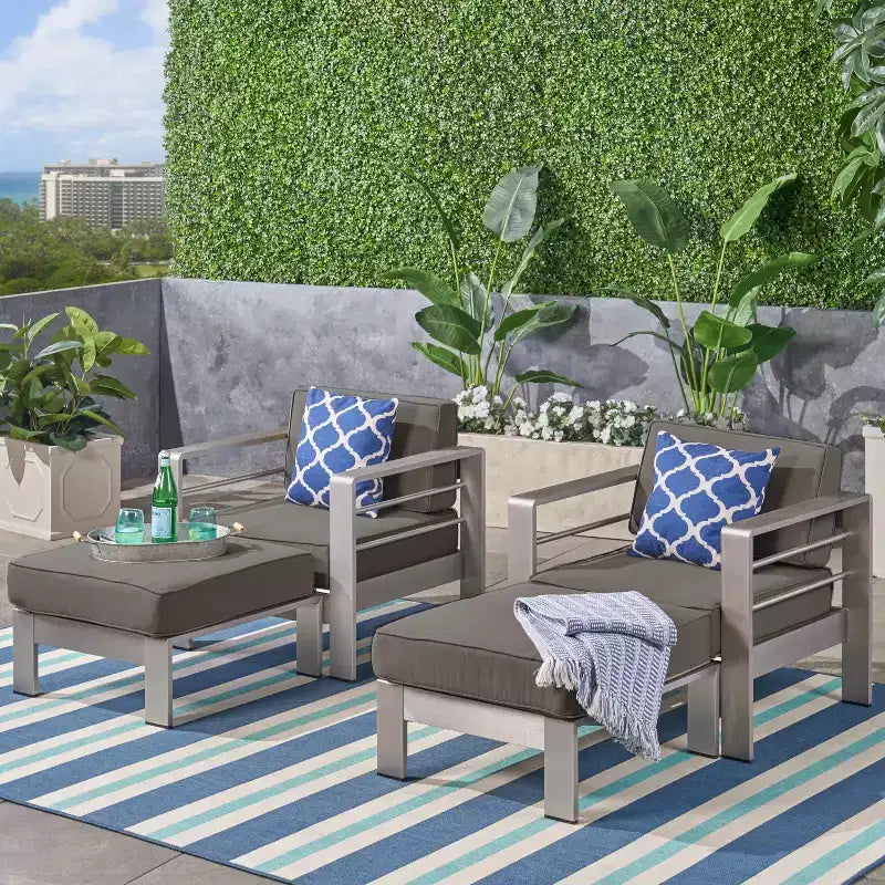 Christopher Knight Home Cape Coral Outdoor 4-teiliges Aluminium-Sessel- und Ottomane-Set mit Kissen, Khaki/Silber
